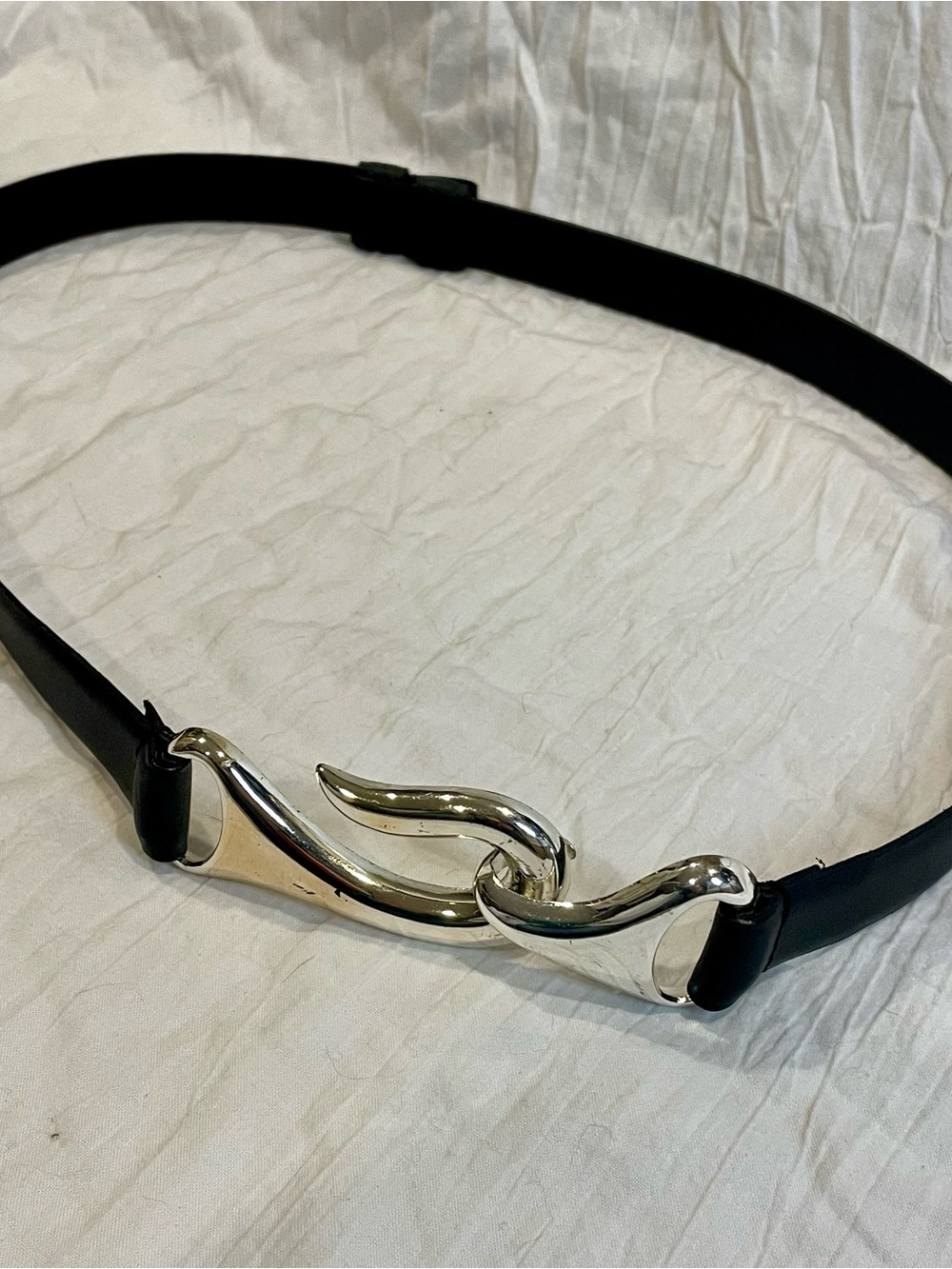 Chico's Black Leather Belt with Silver Twist Buckle